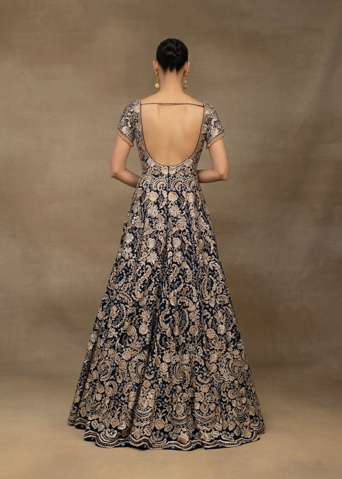 Navy Blue and Gold Embroidered Lehenga with Sweetheart Blouse