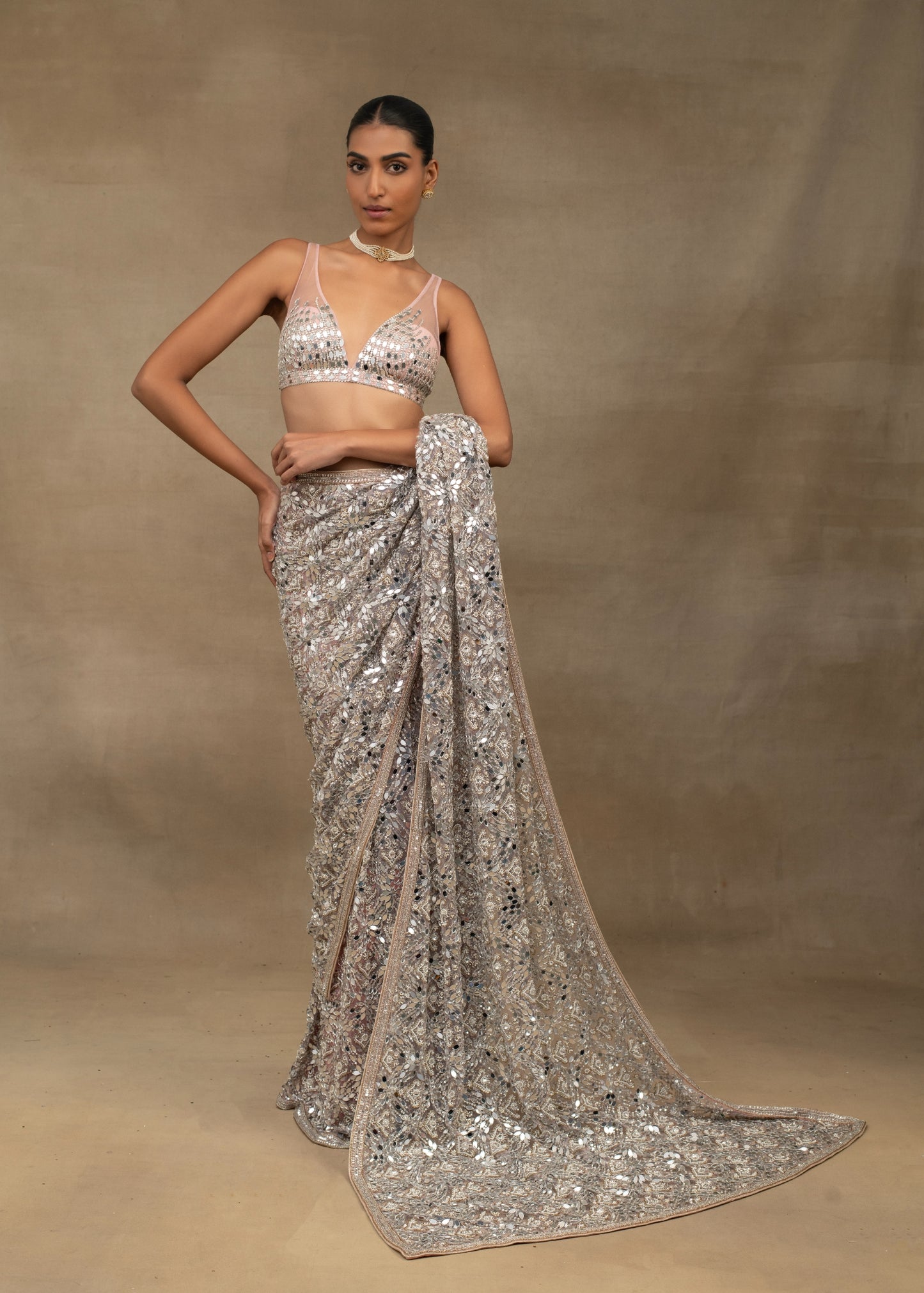 Soft Pink Mirror Work Saree with Embellished Bralette
