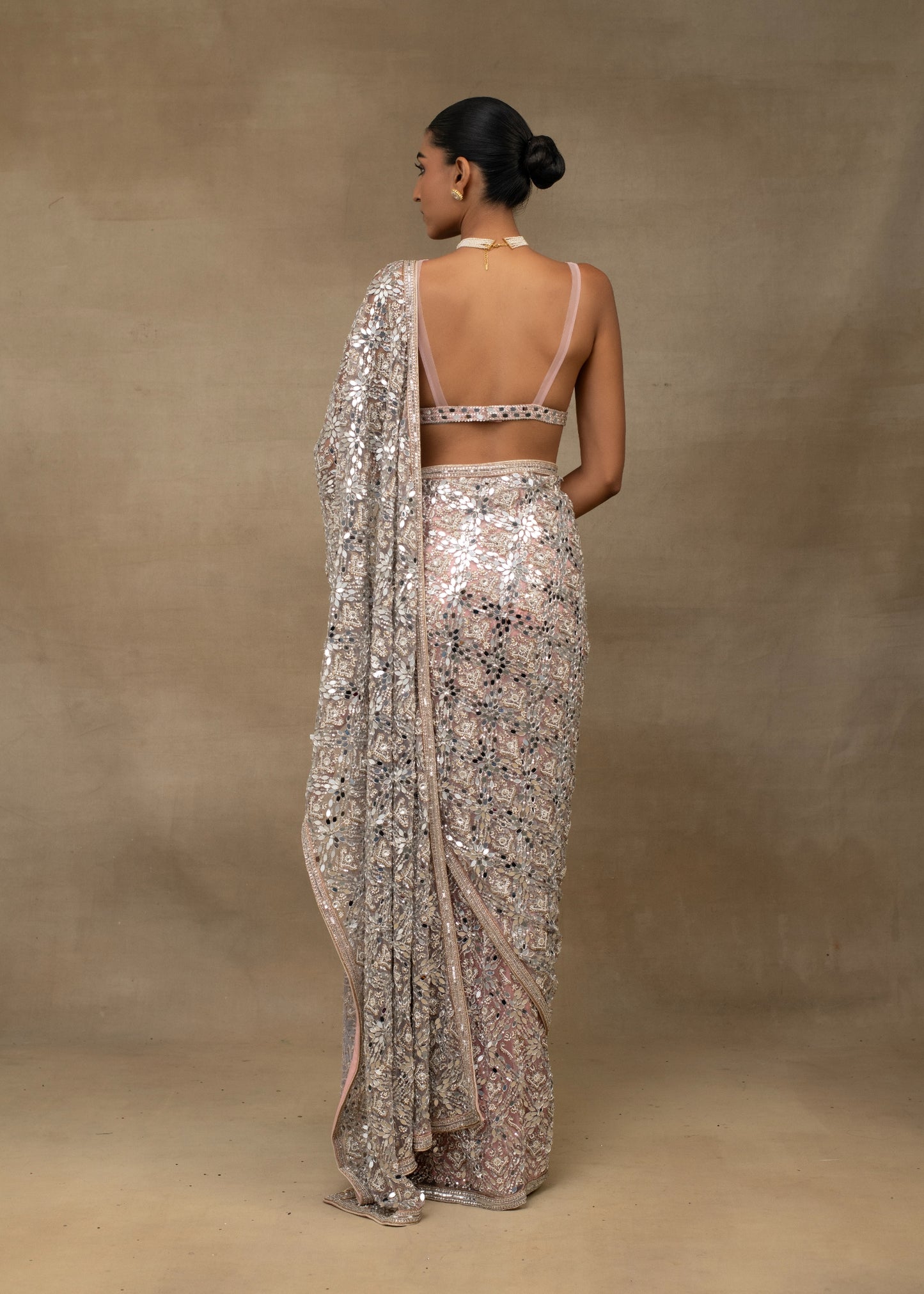 Soft Pink Mirror Work Saree with Embellished Bralette
