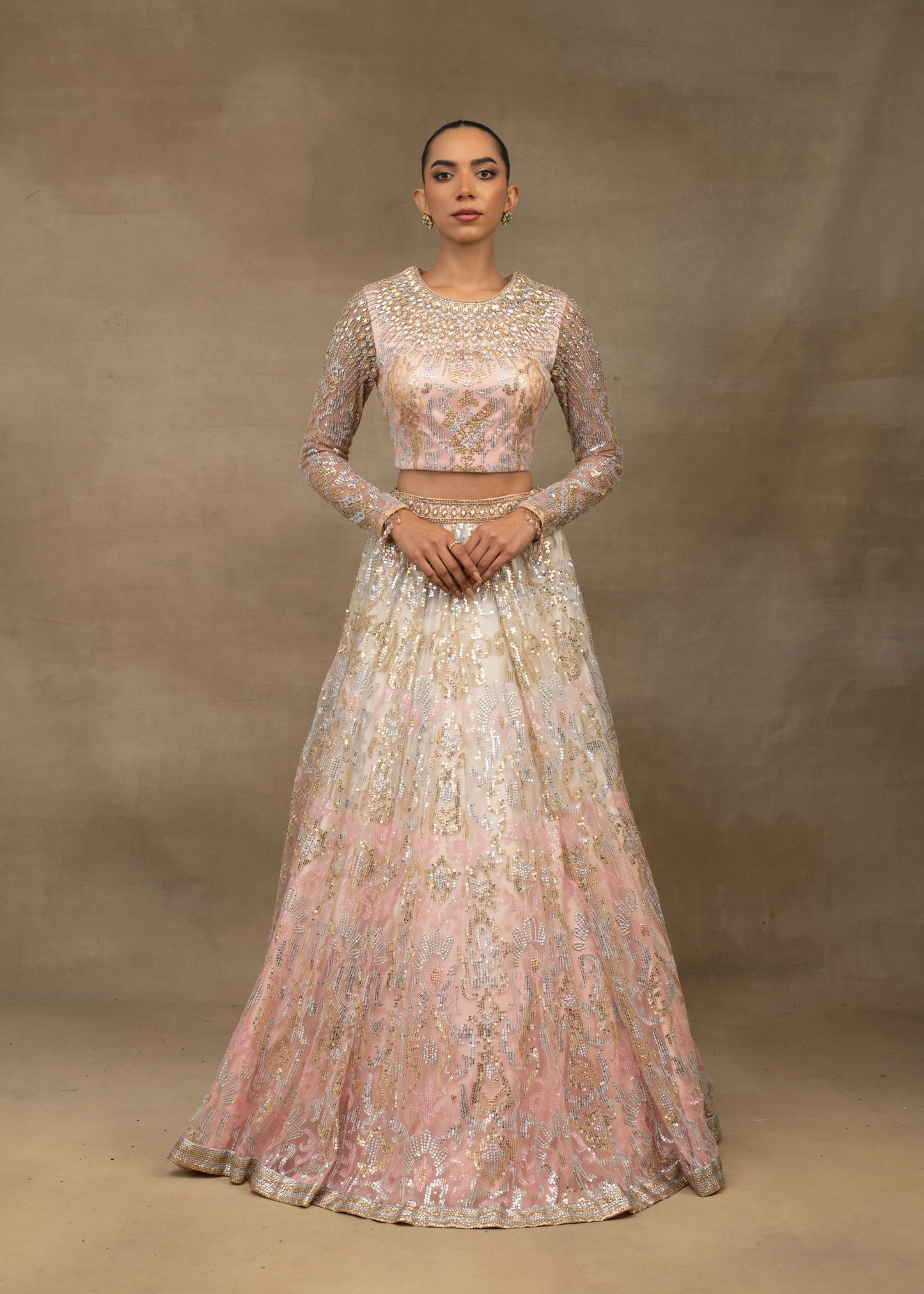 Blush Pink and Ivory Ombre Embroidered Lehenga Set