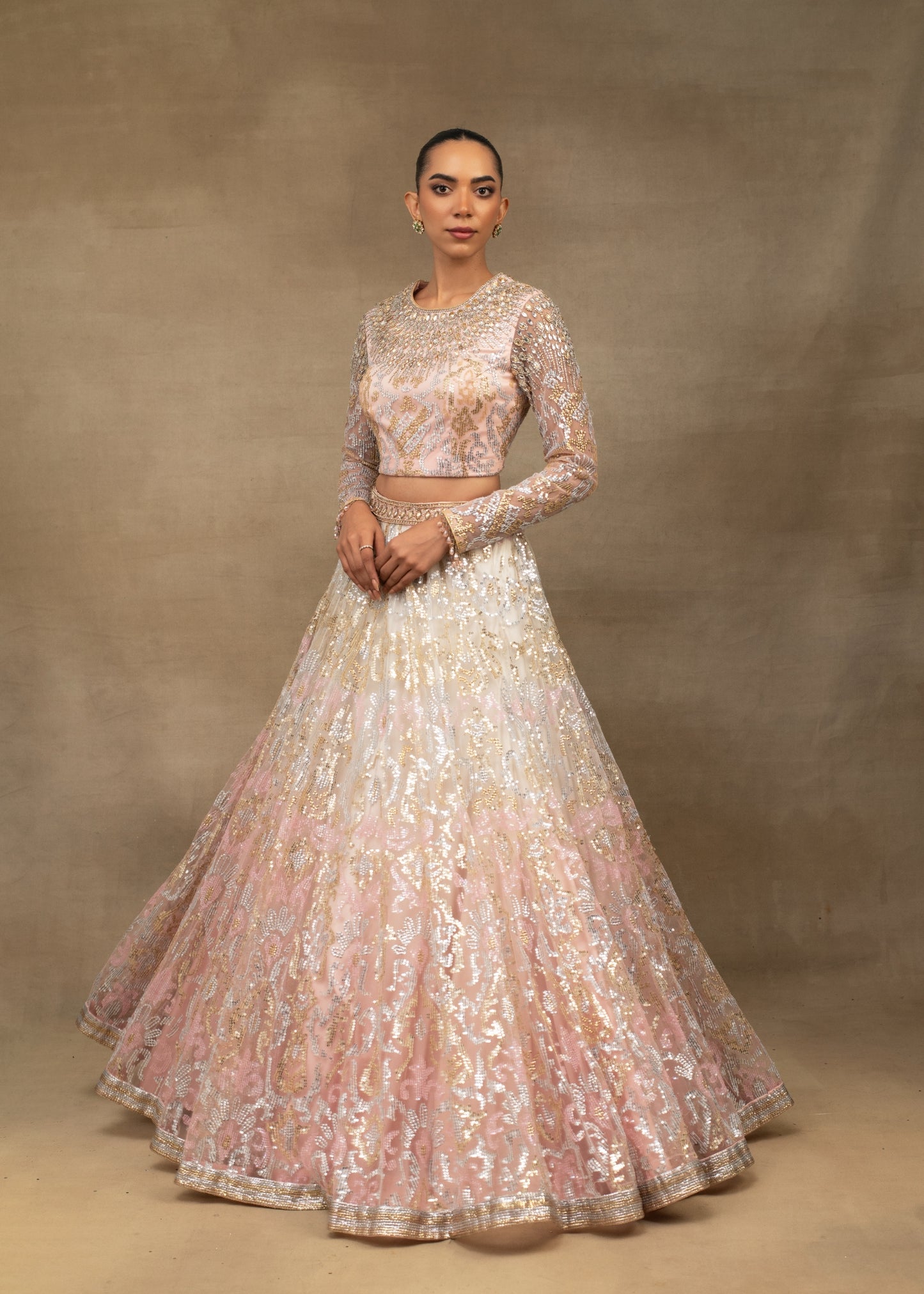 Blush Pink and Ivory Ombre Embroidered Lehenga Set