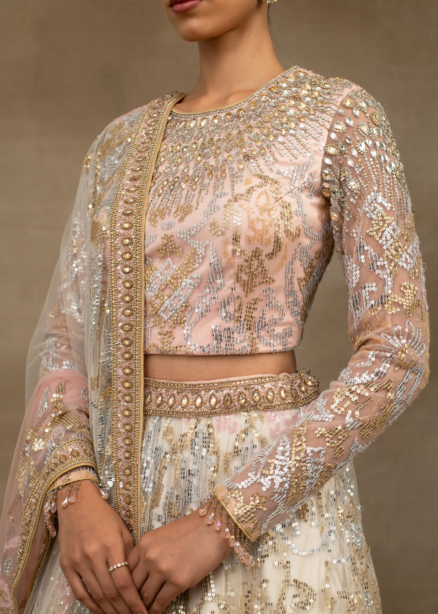 Blush Pink and Ivory Ombre Embroidered Lehenga Set