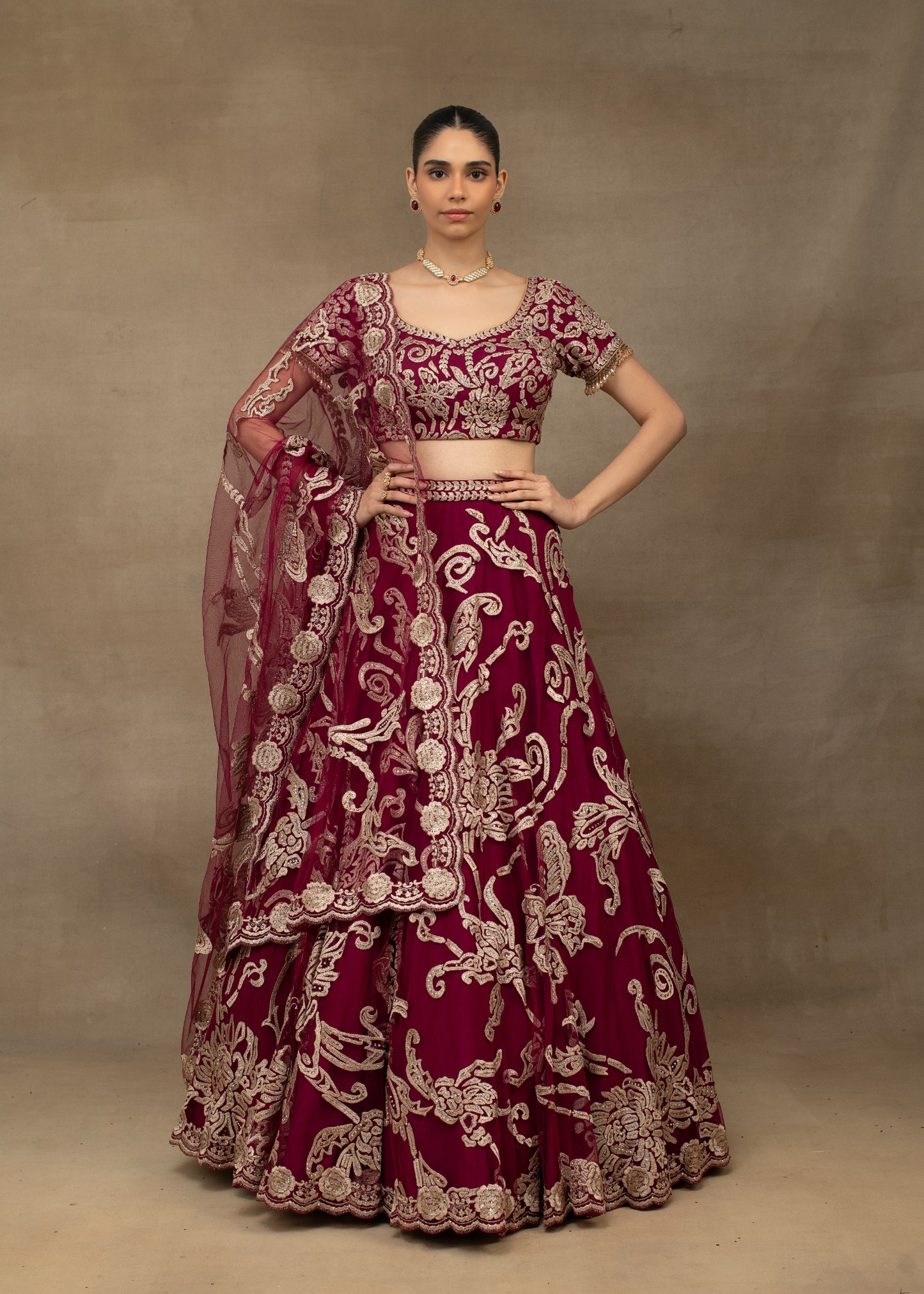 Maroon and Gold Embroidered Lehenga with Dupatta