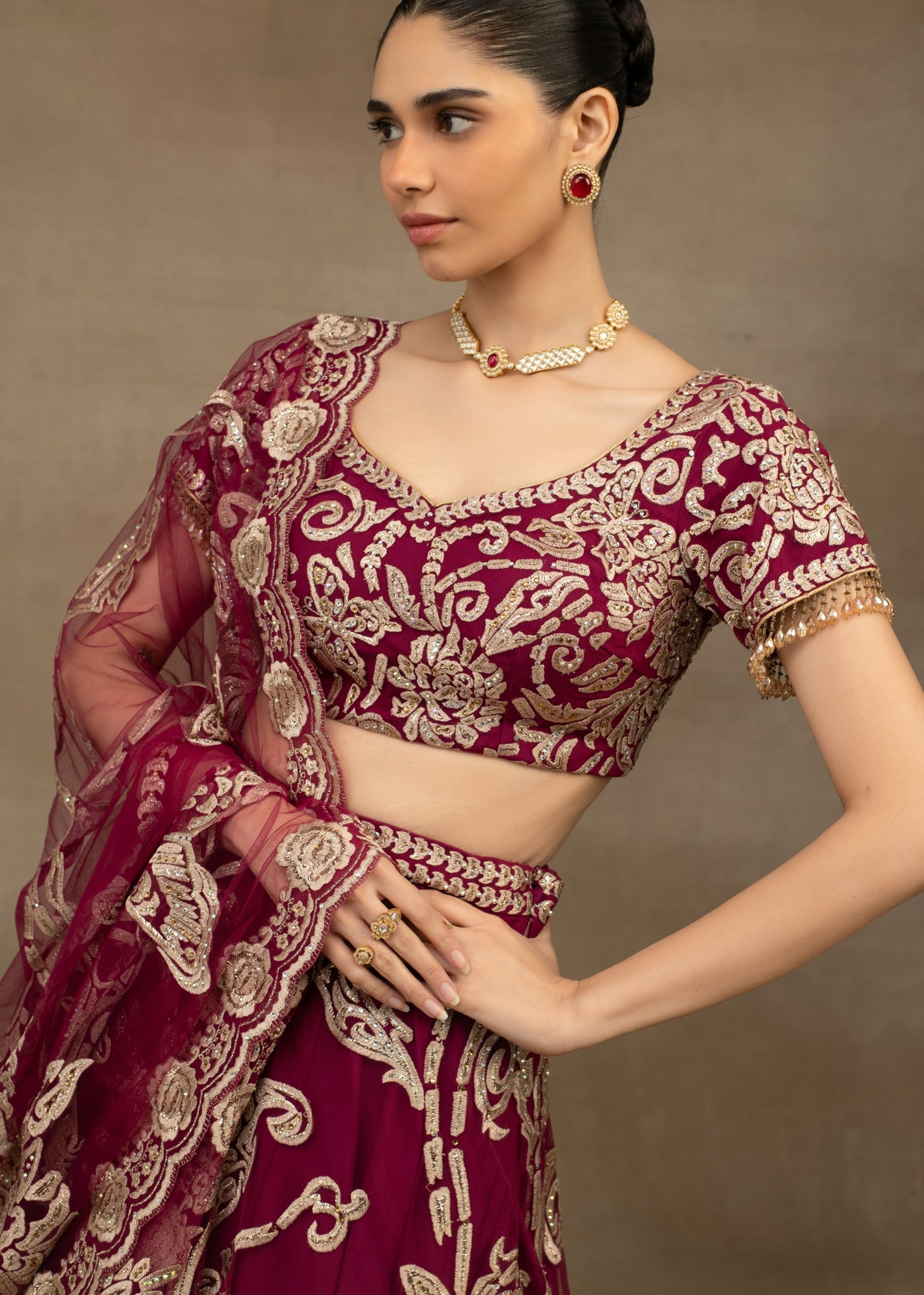 Maroon and Gold Embroidered Lehenga with Dupatta