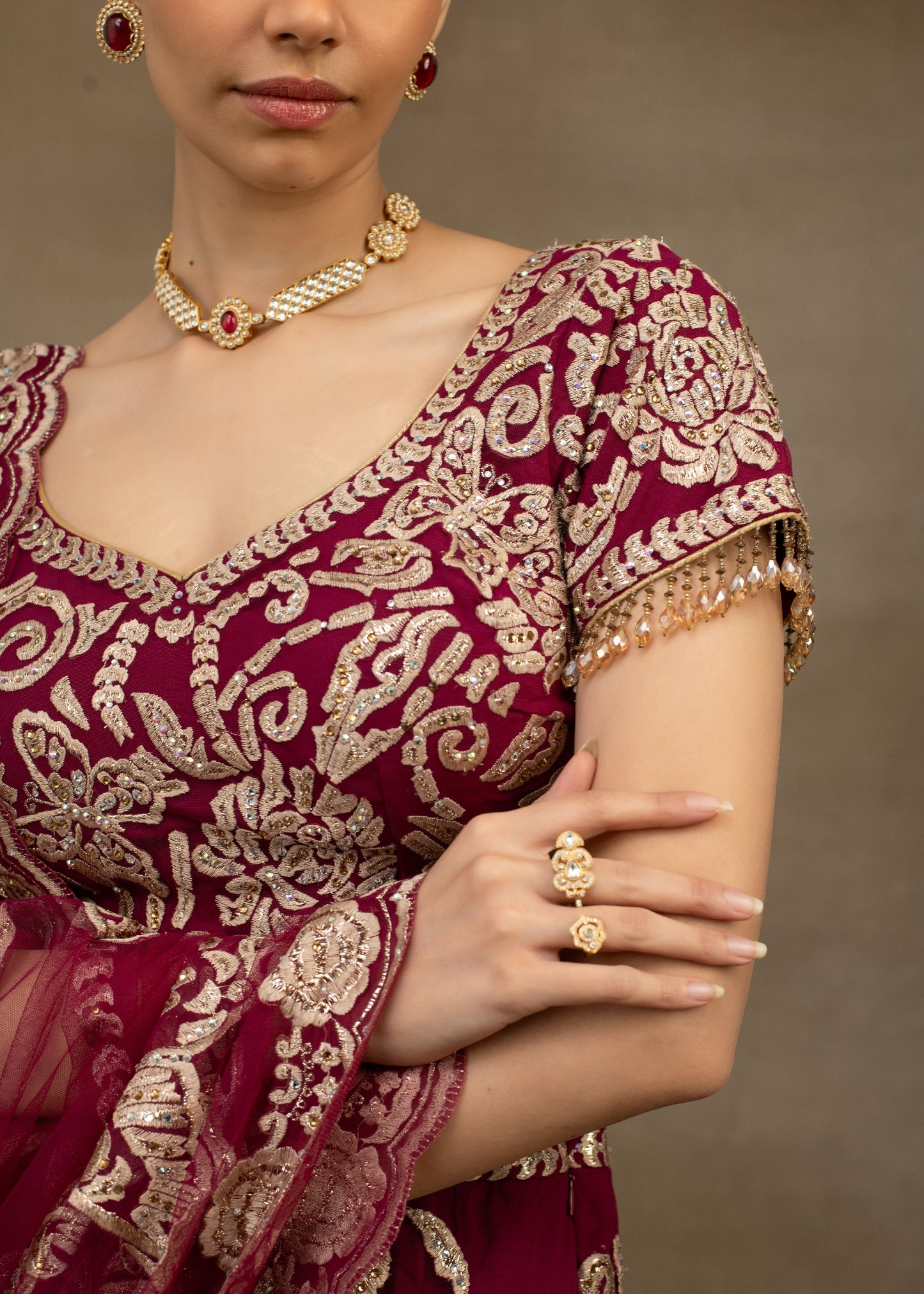 Maroon and Gold Embroidered Lehenga with Dupatta