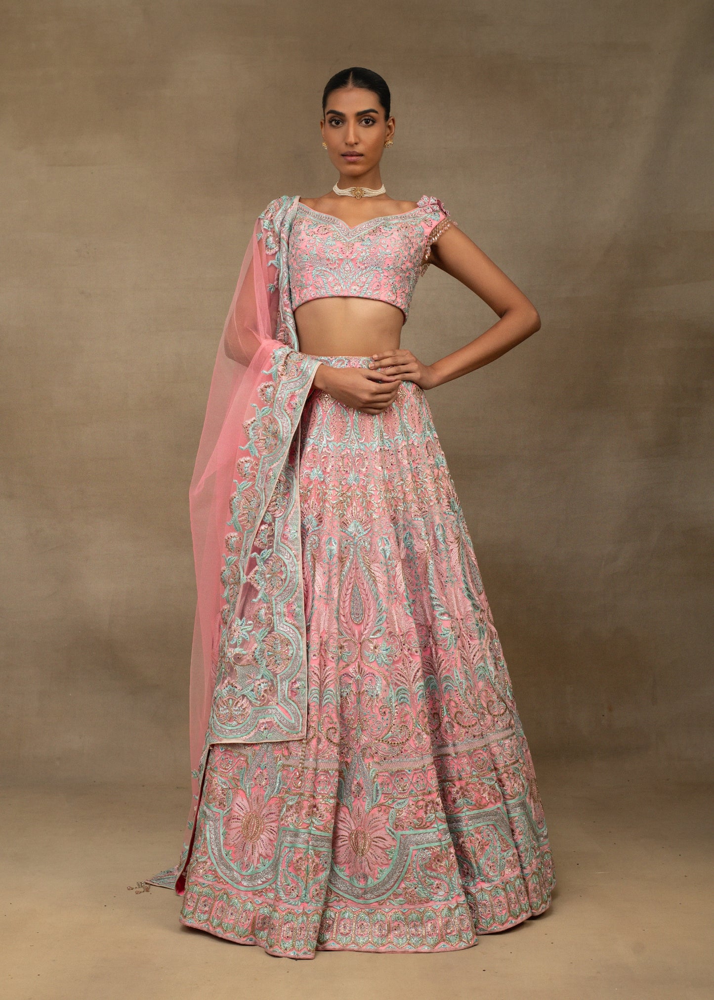 Pink and Teal Embroidered Lehenga with Dupatta