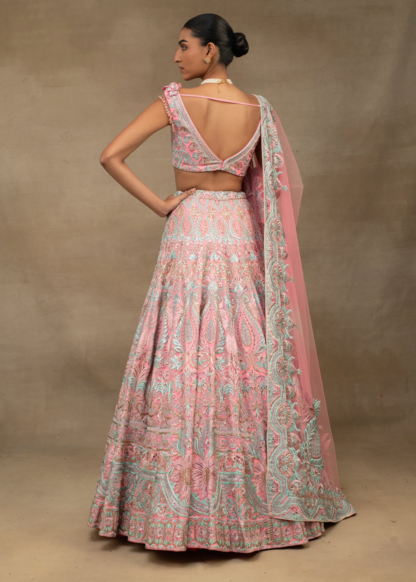 Pink and Teal Embroidered Lehenga with Dupatta