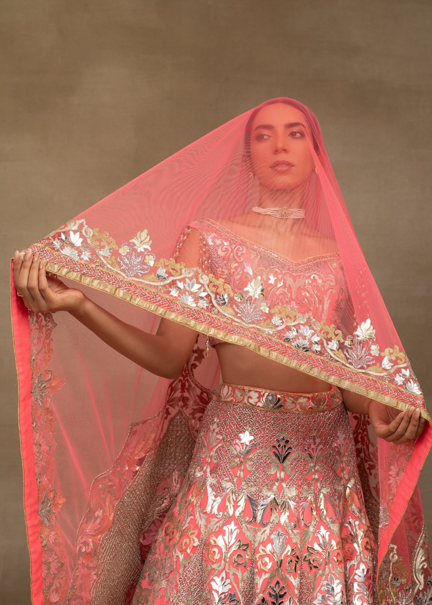 Coral Metal Applique Lehenga Set