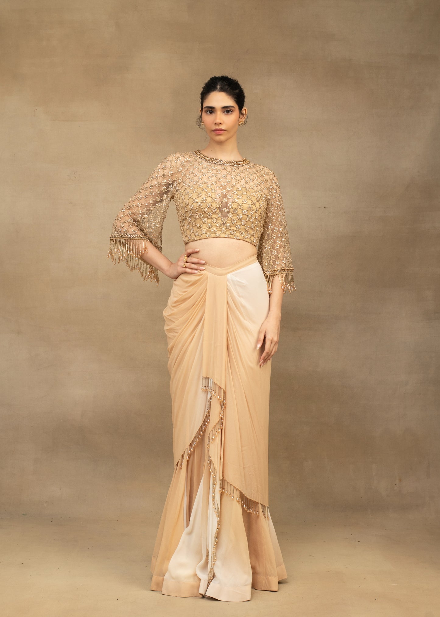 Golden Beige Drape Saree