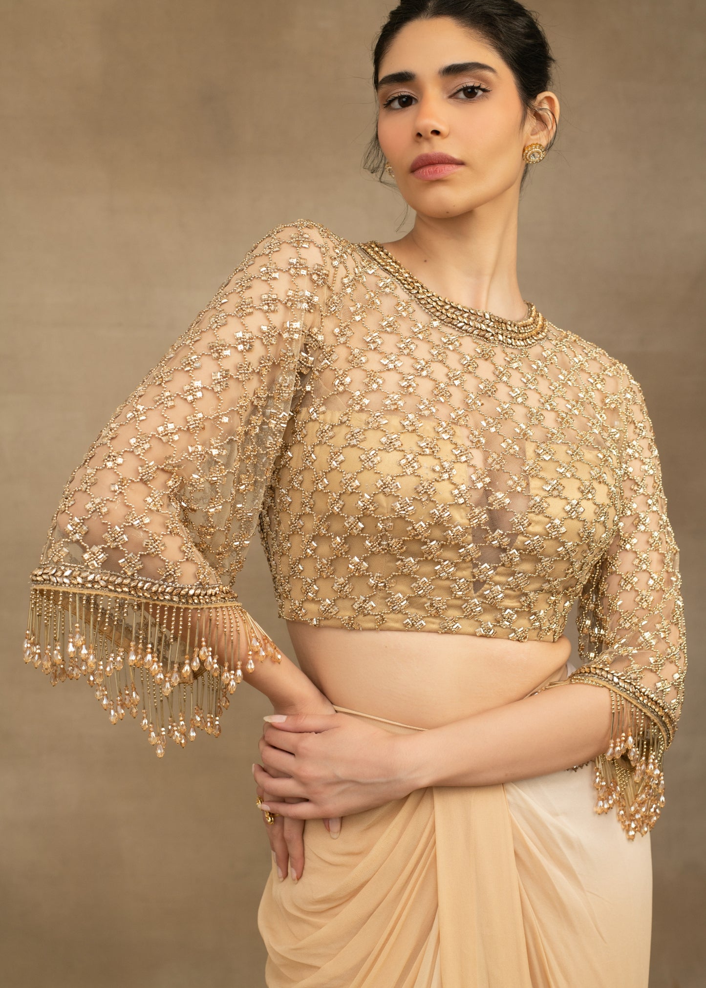 Golden Beige Drape Saree