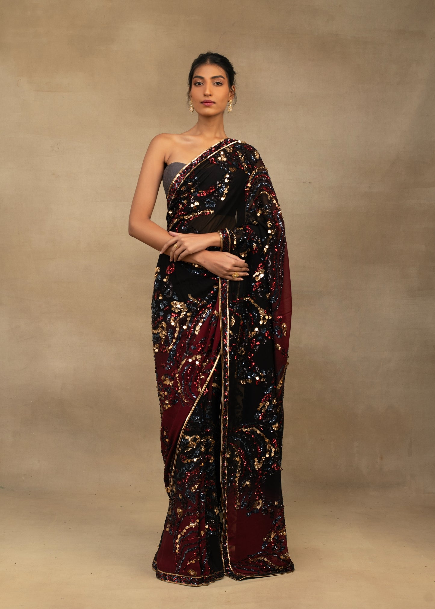 Ombre Black to Cherry Embroidered Saree