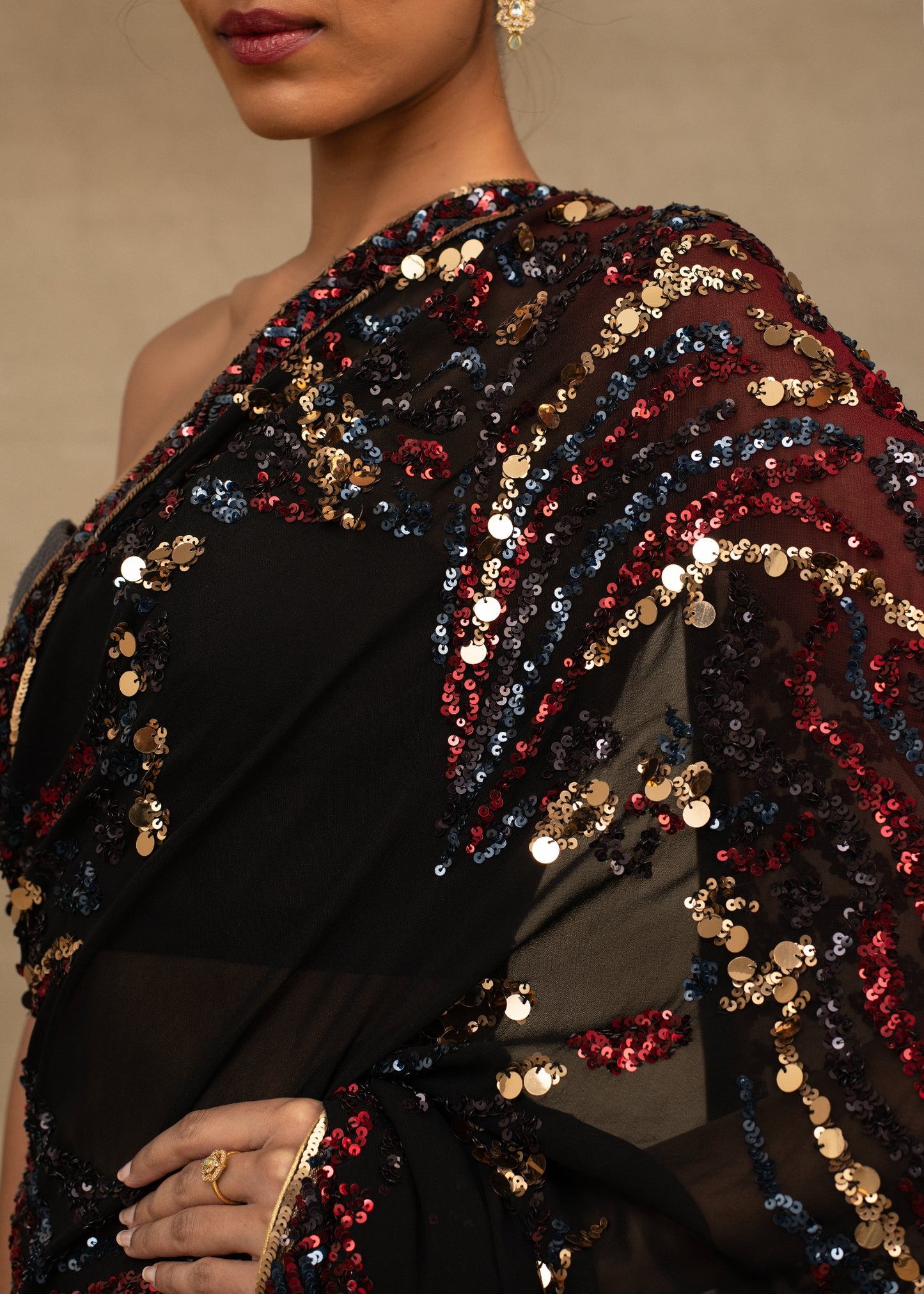 Ombre Black to Cherry Embroidered Saree
