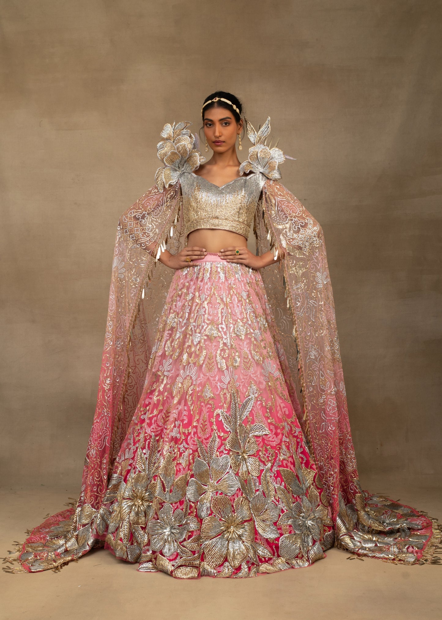 Pink Ombre Lehenga with Sculptural Silver Blouse