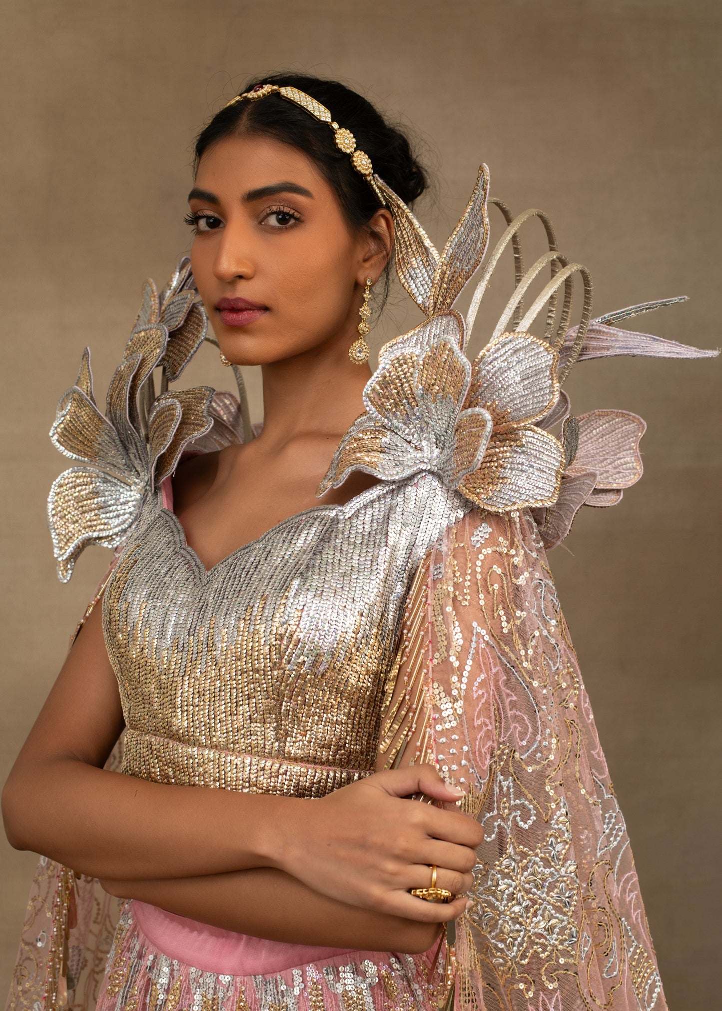 Pink Ombre Lehenga with Sculptural Silver Blouse
