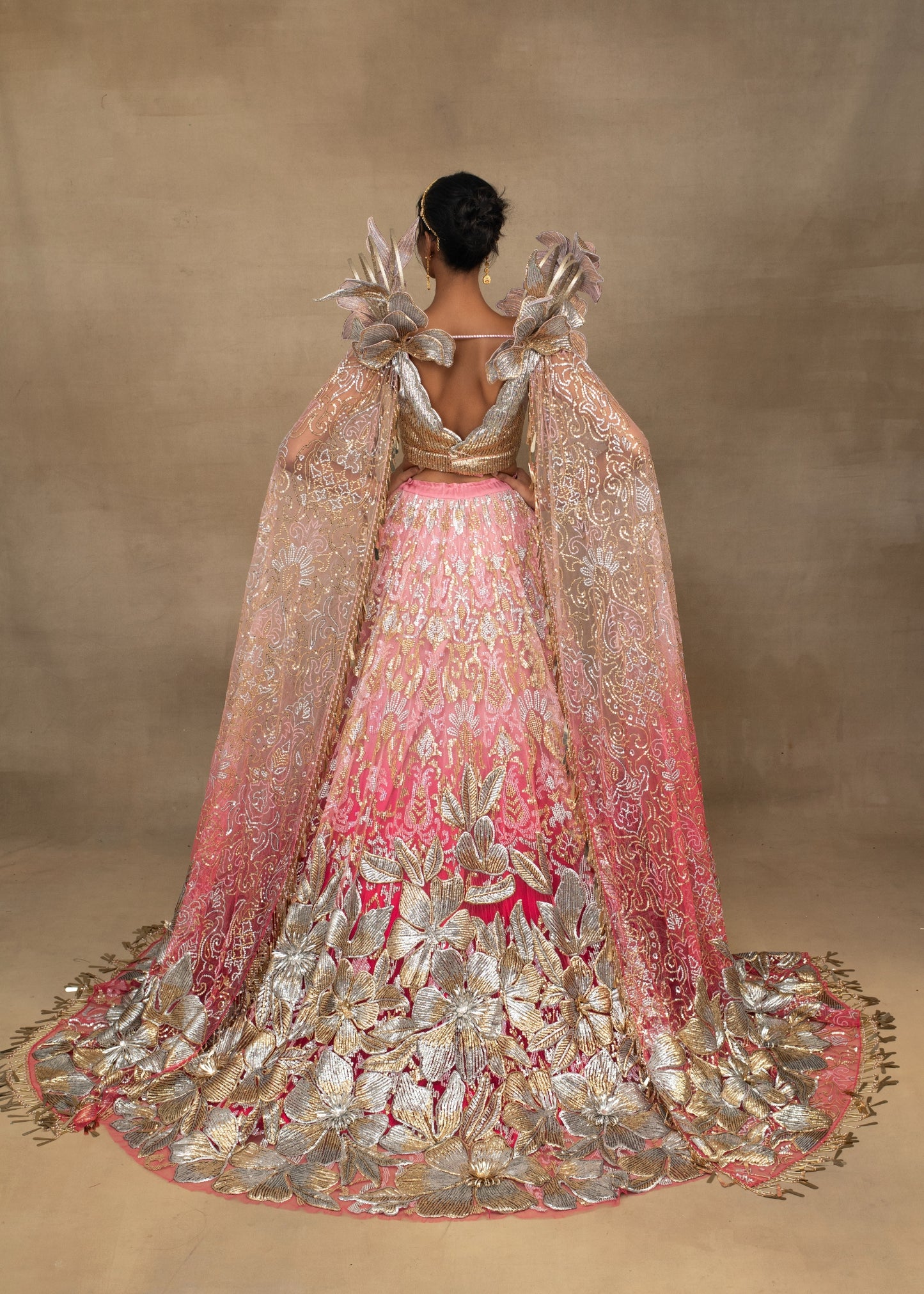 Pink Ombre Lehenga with Sculptural Silver Blouse