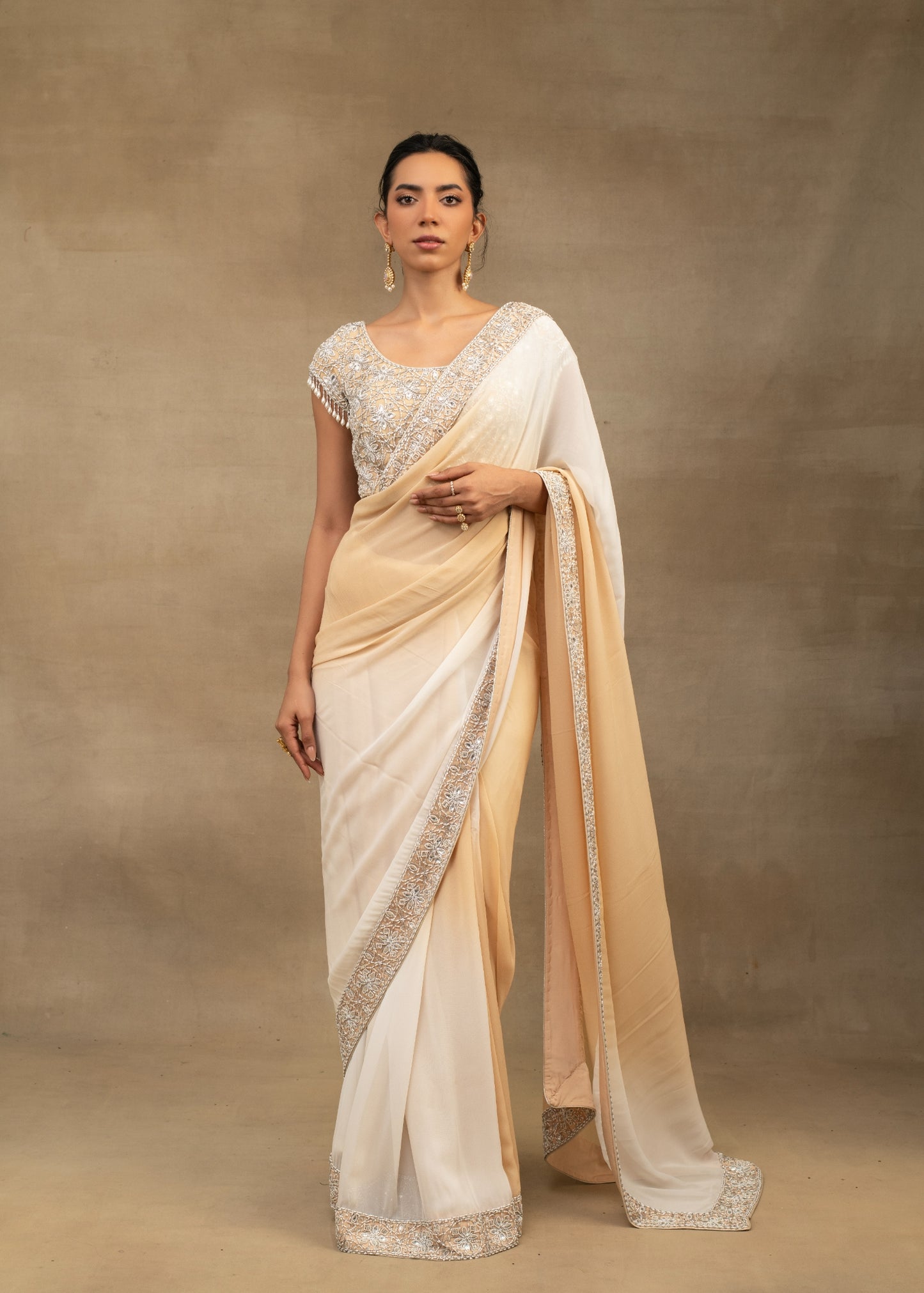 Off-white and Beige Ombre Saree