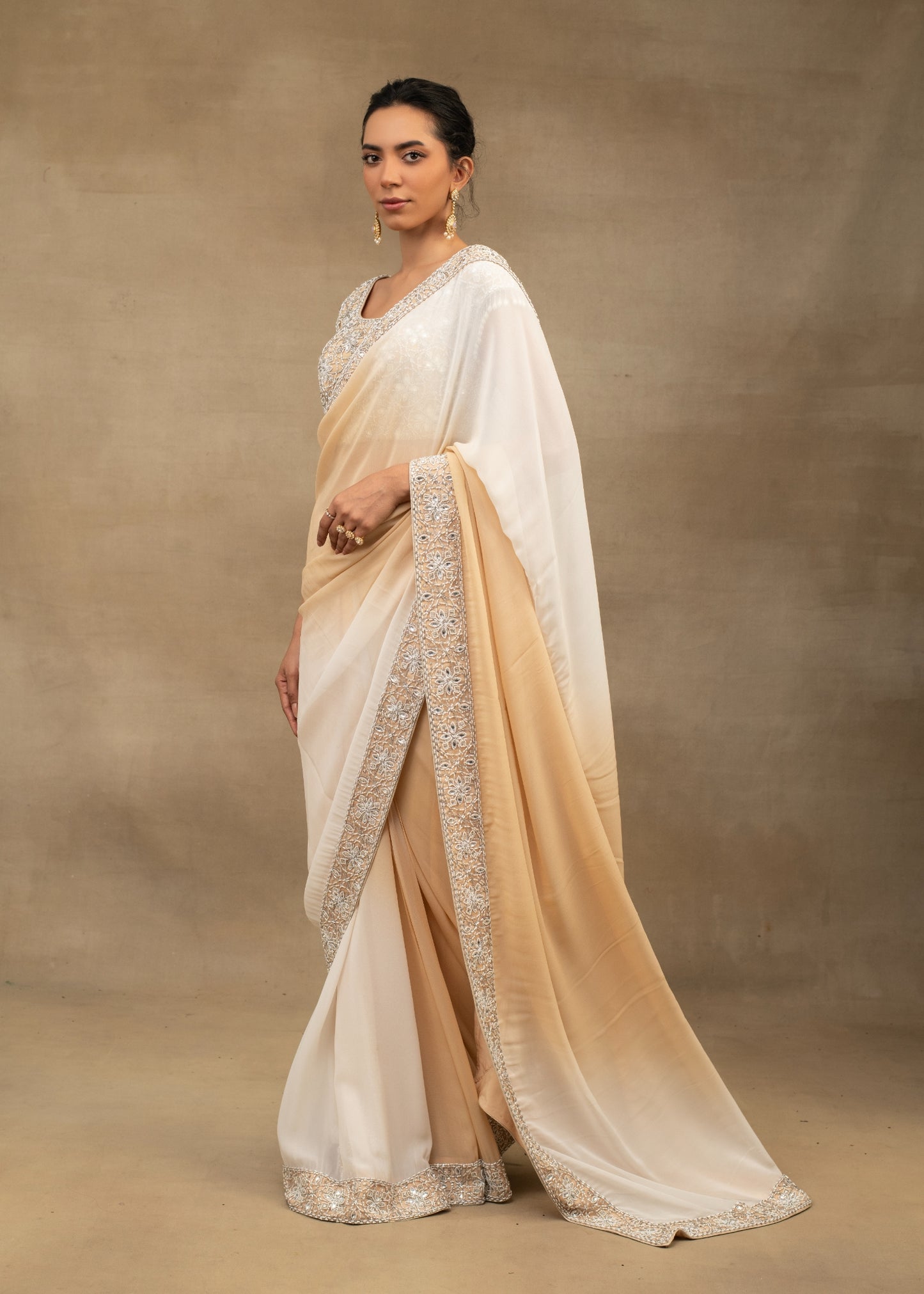 Off-white and Beige Ombre Saree