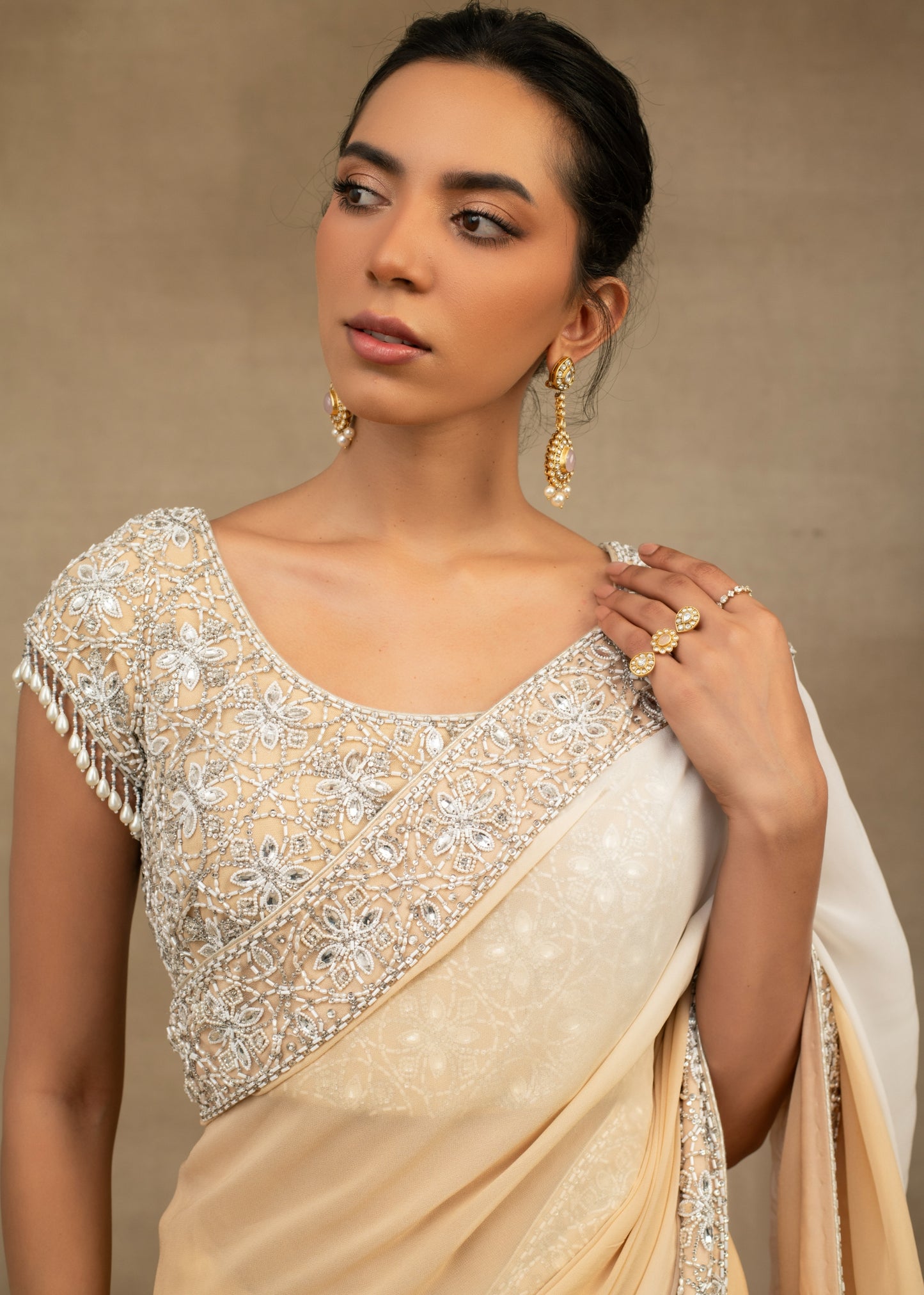 Off-white and Beige Ombre Saree