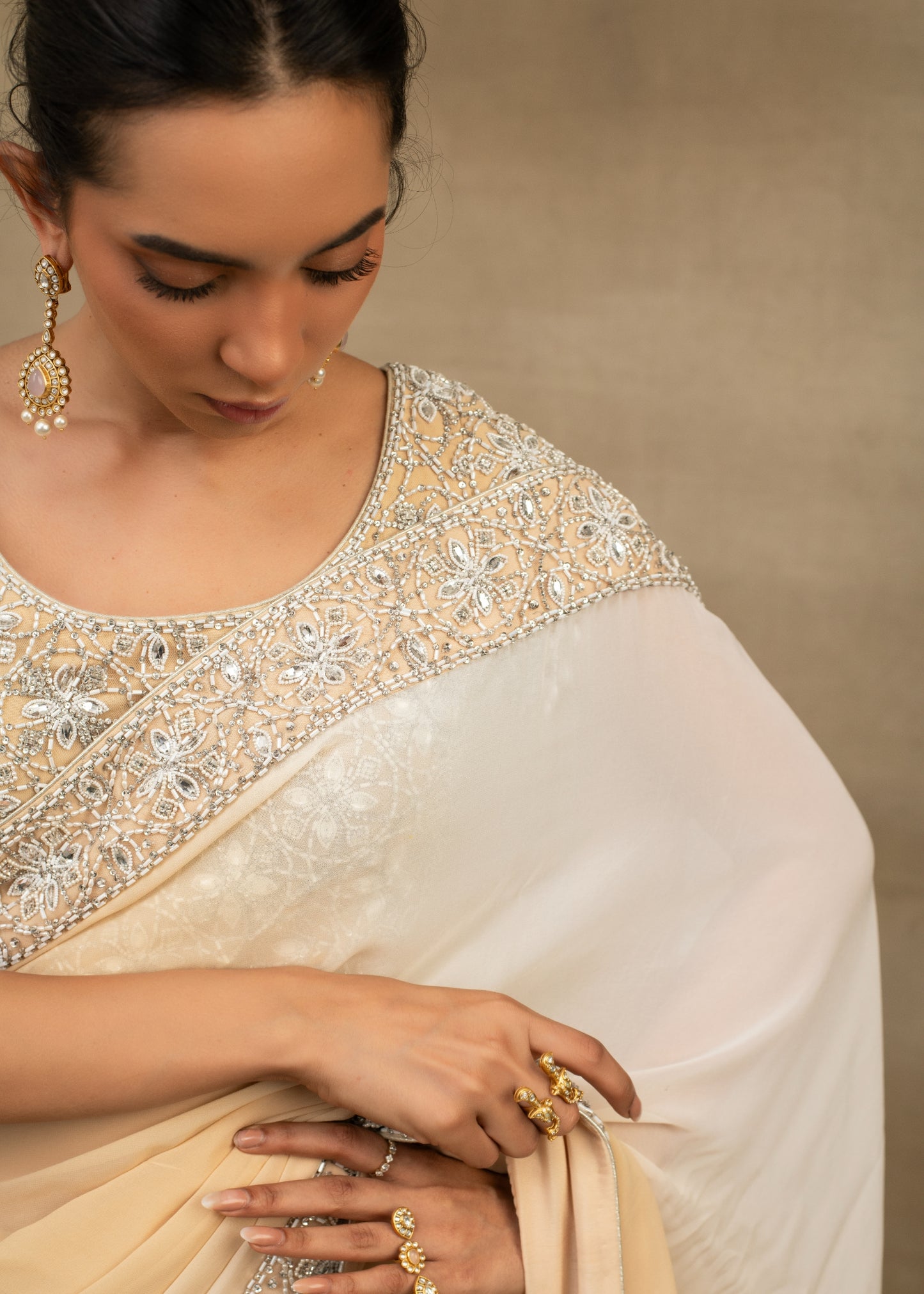 Off-white and Beige Ombre Saree