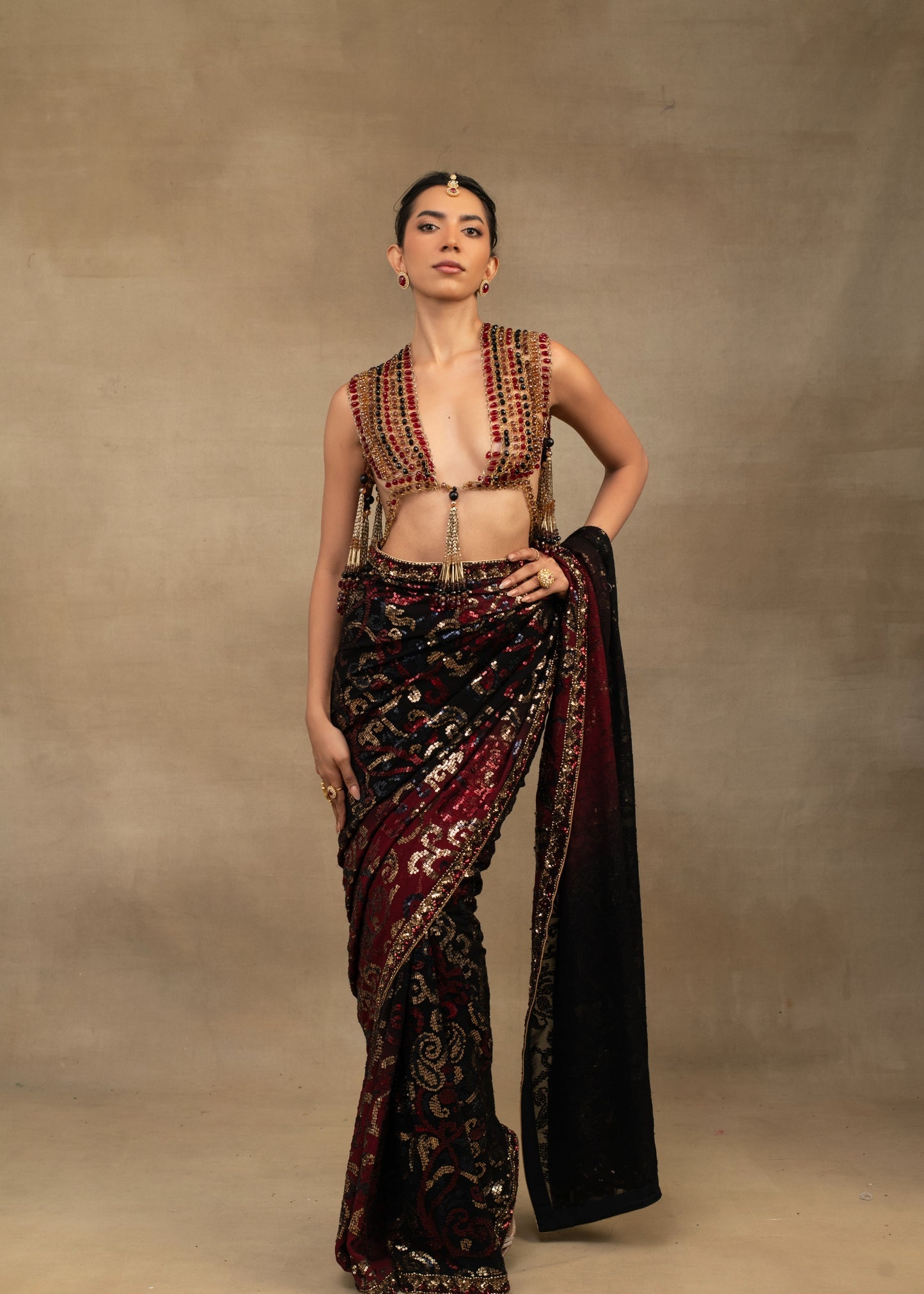 Black and Maroon Embellished Saree with Open-Front Blouse