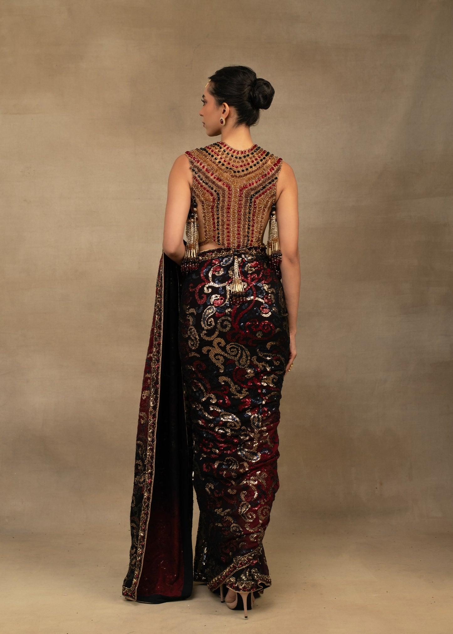 Black and Maroon Embellished Saree with Open-Front Blouse