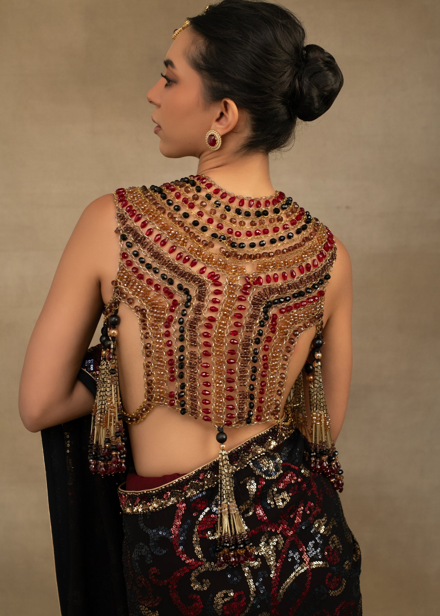 Black and Maroon Embellished Saree with Open-Front Blouse