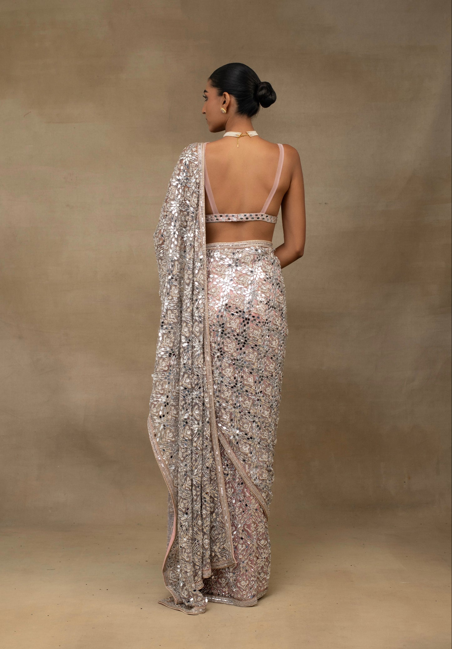 Blush Pink Mirror Work Pre-Draped Saree with Blouse