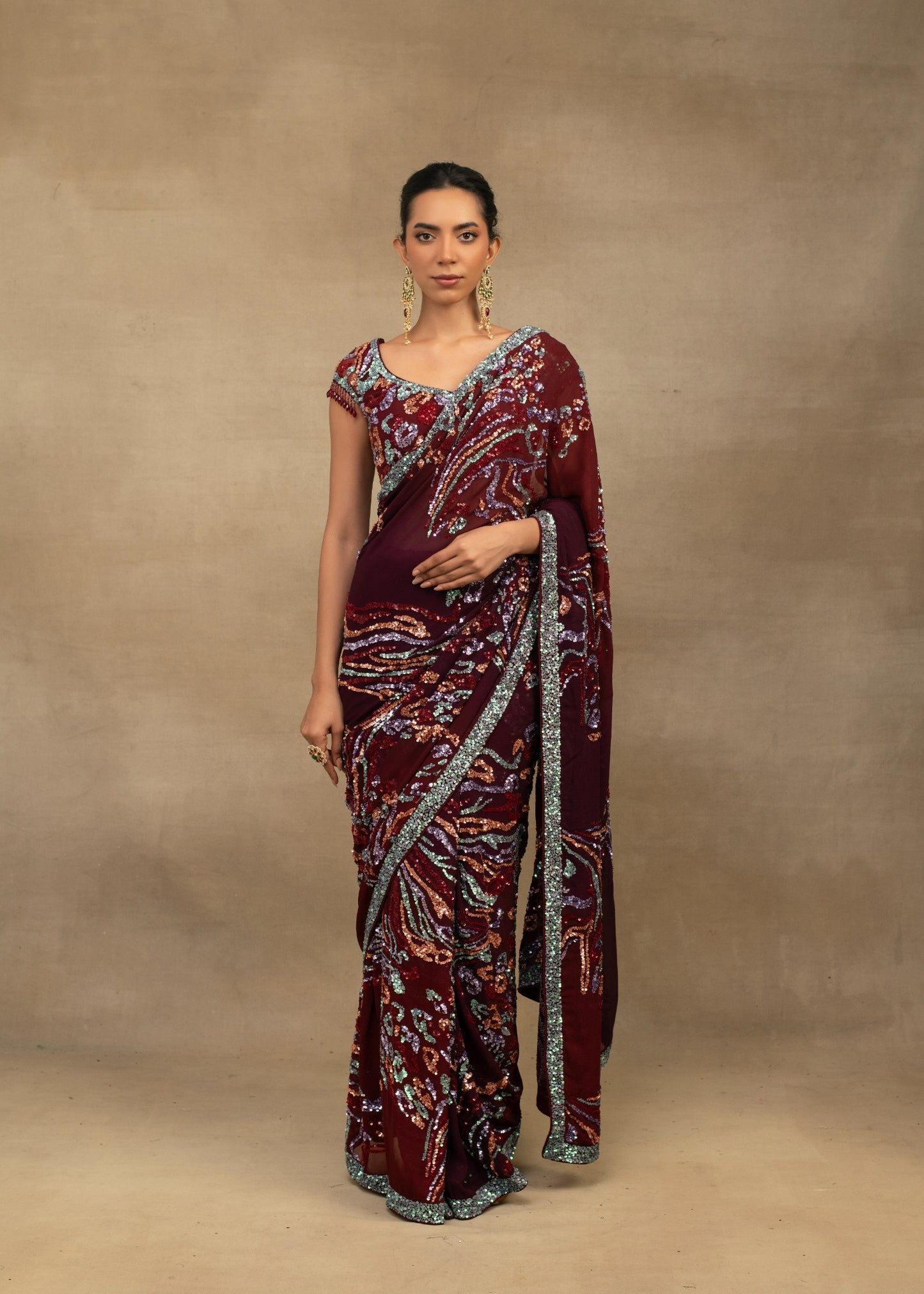 Maroon Abstract Sequin Saree with Embellished Blouse
