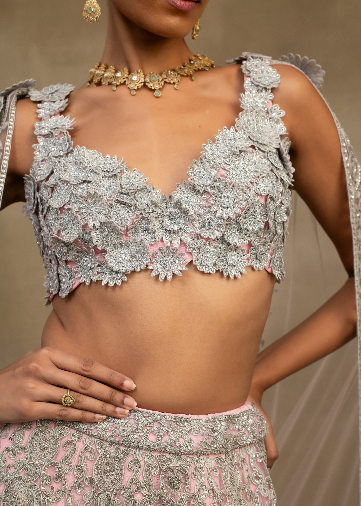 Pink 3D Floral Embroidered Lehenga and Blouse with Cape