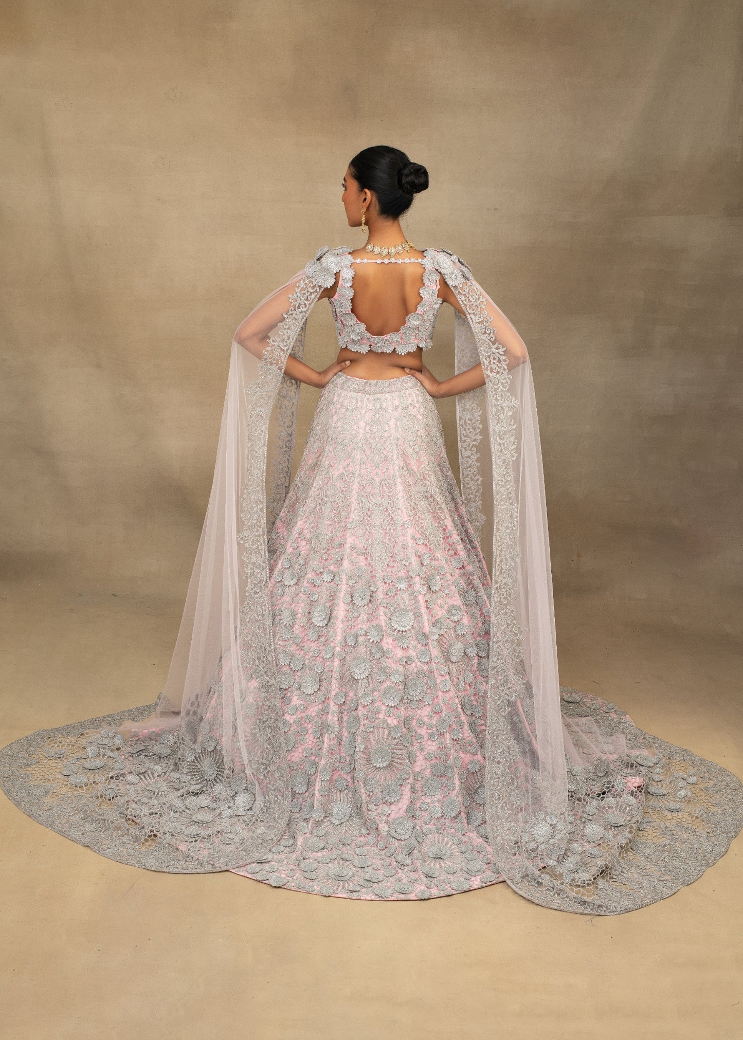 Pink 3D Floral Embroidered Lehenga and Blouse with Cape