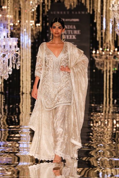 Ivory-Silver Tissue Sharara Set