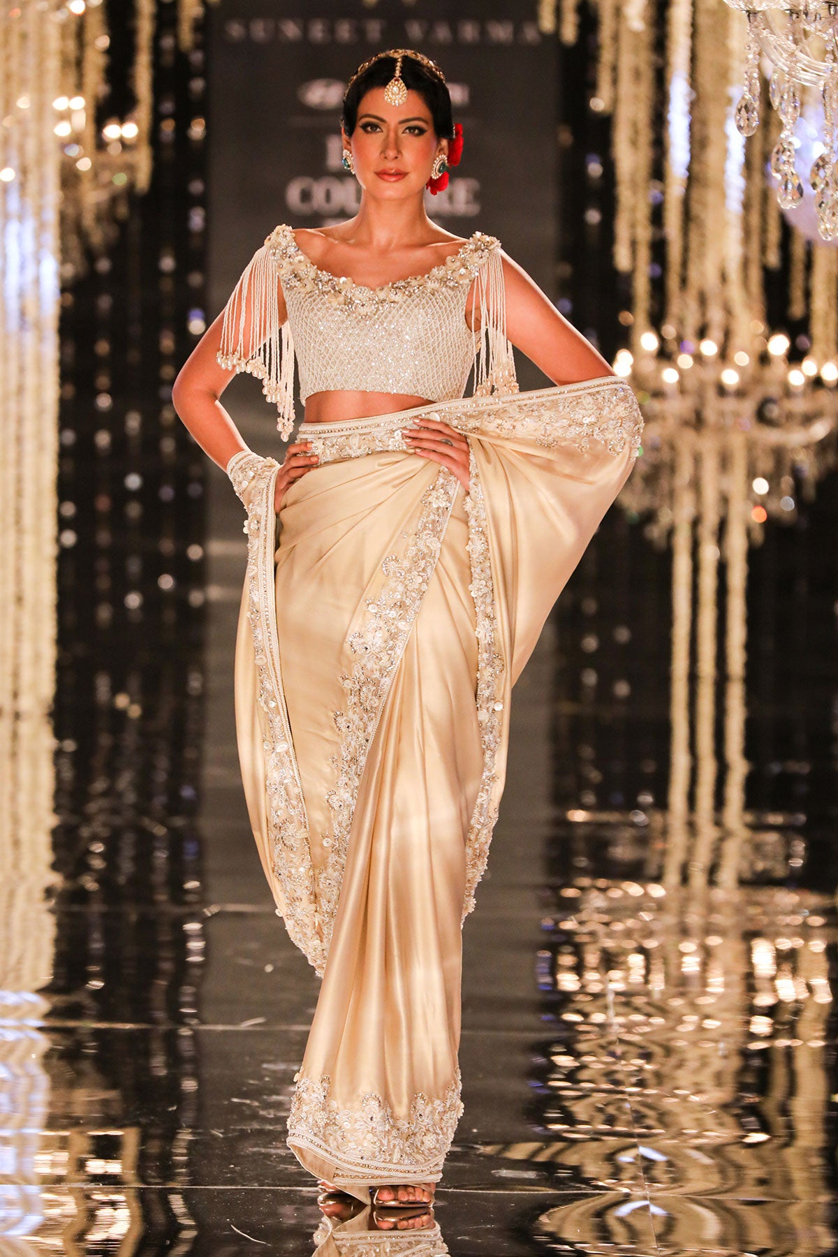 Champagne Metallic Embroidered Saree