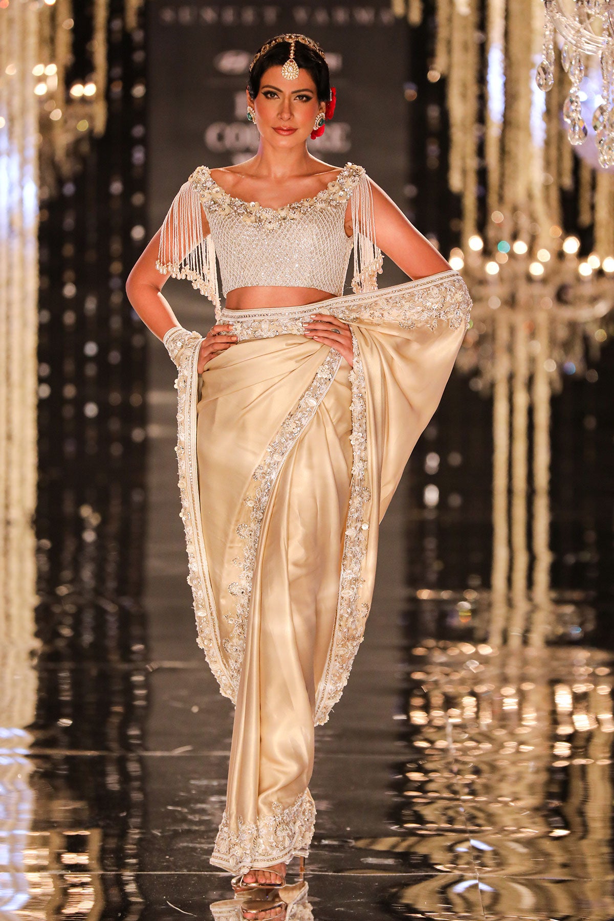 Champagne Metallic Embroidered Saree