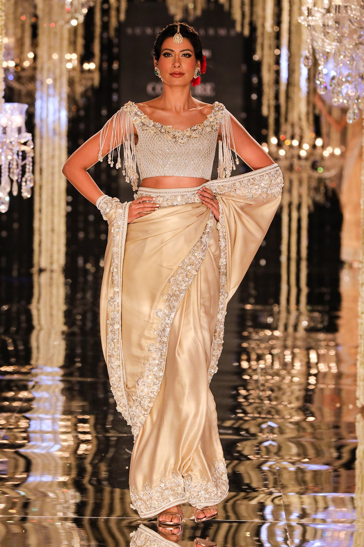 Champagne Metallic Embroidered Saree