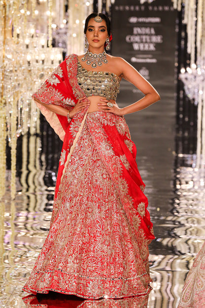 Red Aari & Mirror Embroidered Lehenga