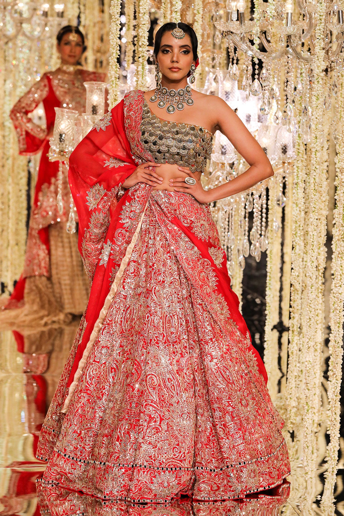 Red Aari & Mirror Embroidered Lehenga