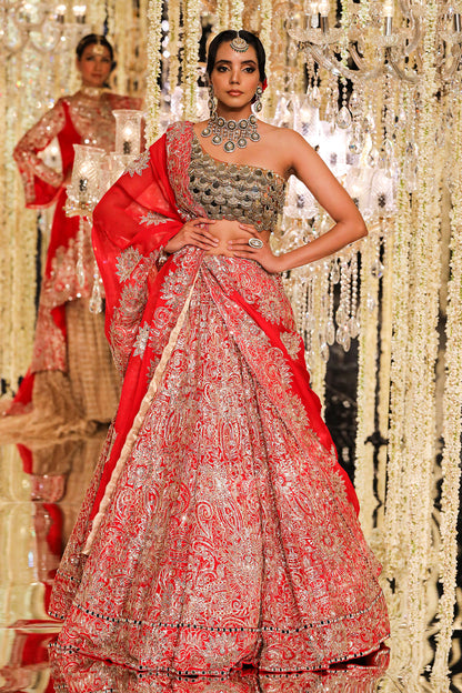 Red Aari & Mirror Embroidered Lehenga