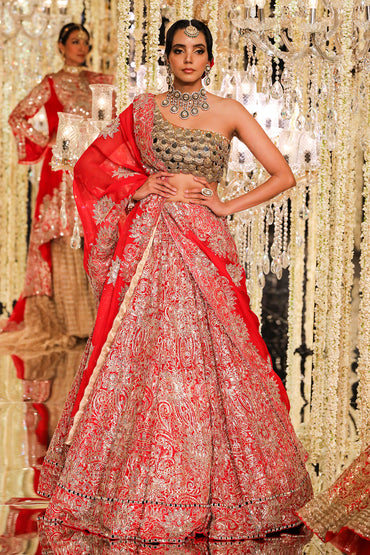 Red Aari & Mirror Embroidered Lehenga