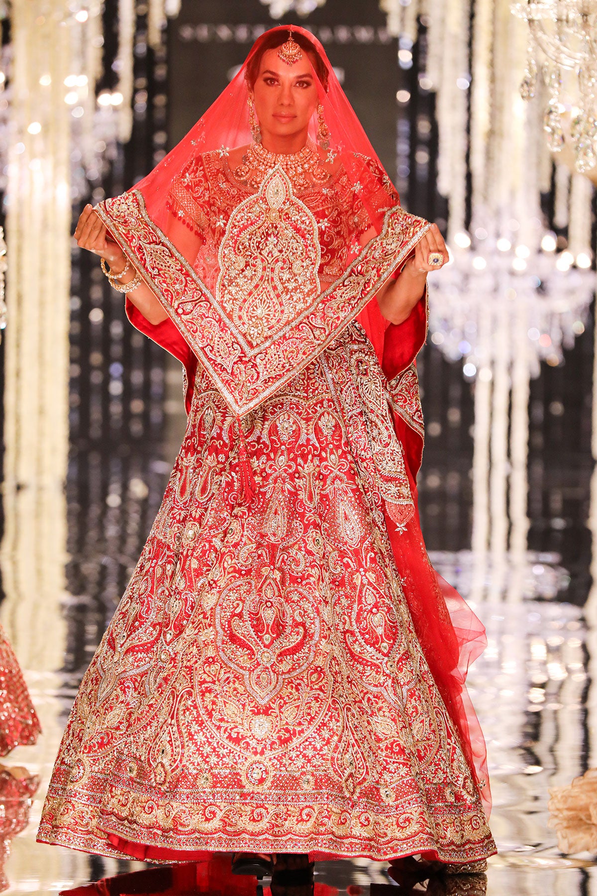 Red Silk Jacquard Swarovski Lehenga