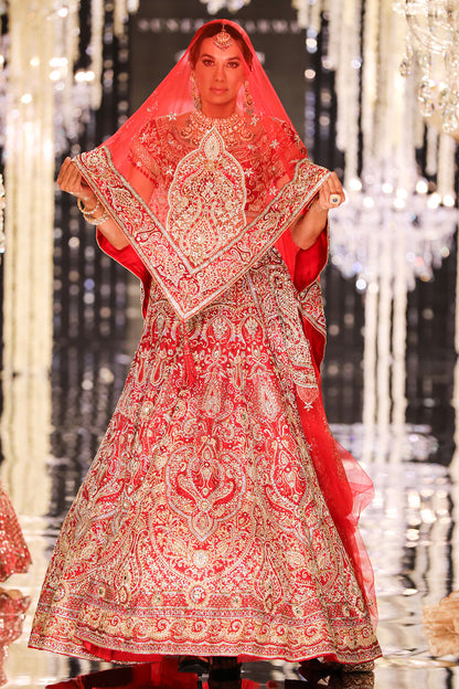 Red Silk Jacquard Swarovski Lehenga