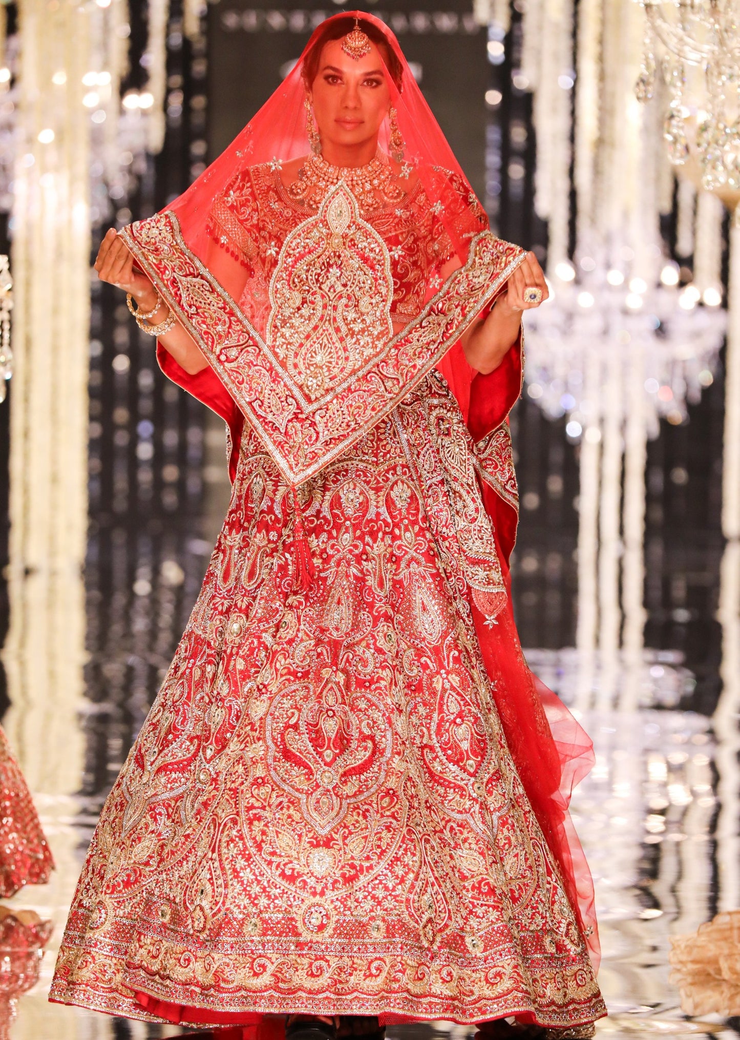Red Silk Jacquard Swarovski Lehenga
