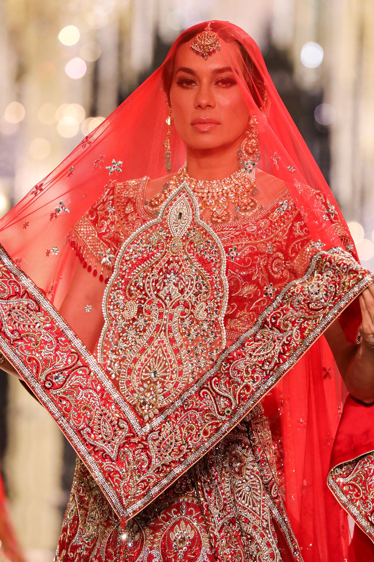 Red Silk Jacquard Swarovski Lehenga