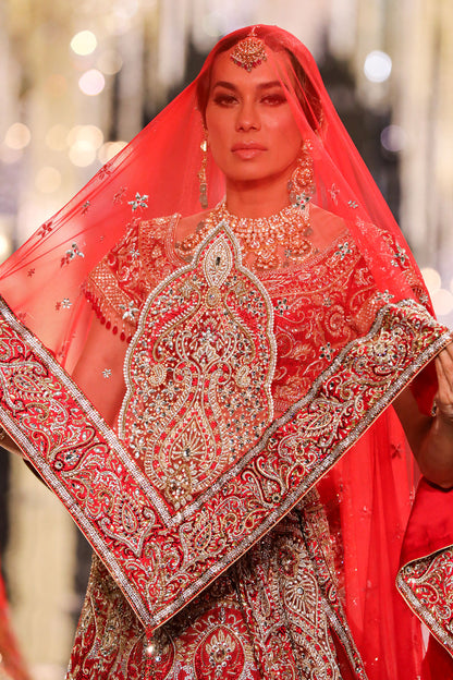 Red Silk Jacquard Swarovski Lehenga