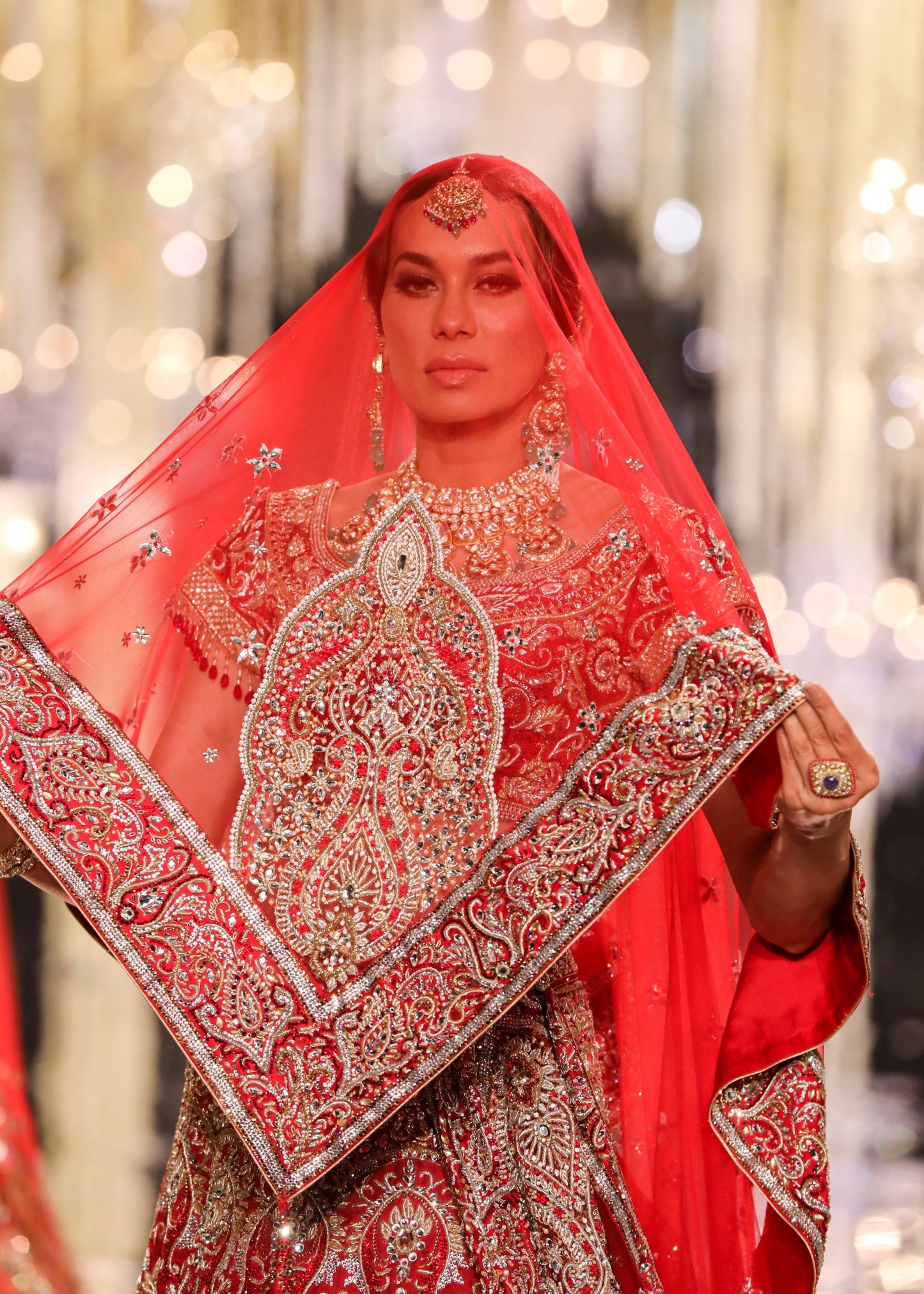 Red Silk Jacquard Swarovski Lehenga