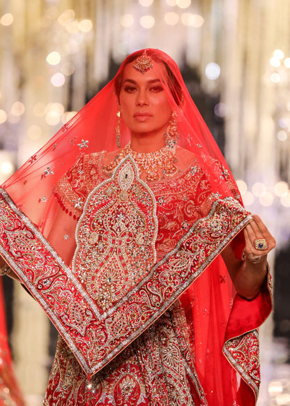 Red Silk Jacquard Swarovski Lehenga