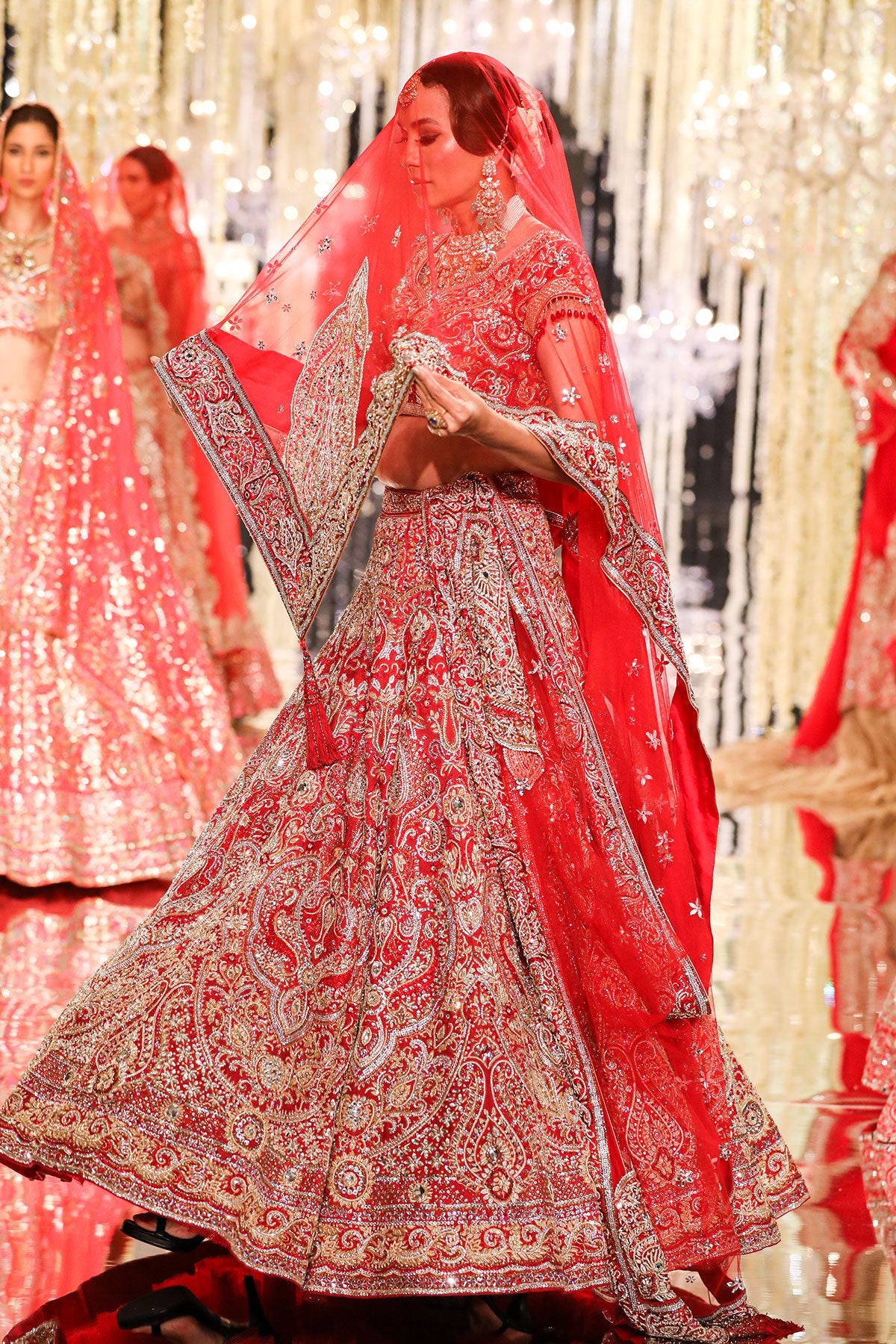 Red Silk Jacquard Swarovski Lehenga