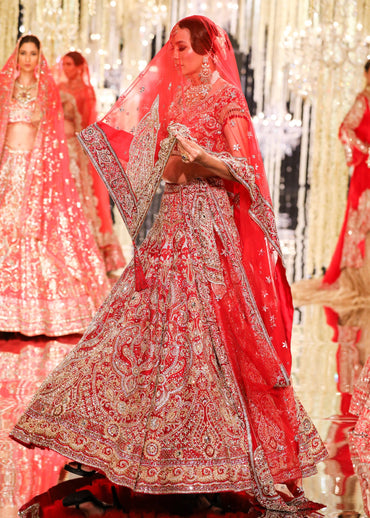 Red Silk Jacquard Swarovski Lehenga