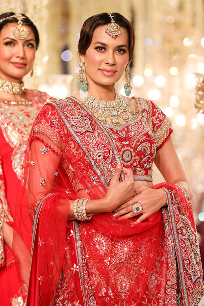 Red Silk Jacquard Swarovski Lehenga