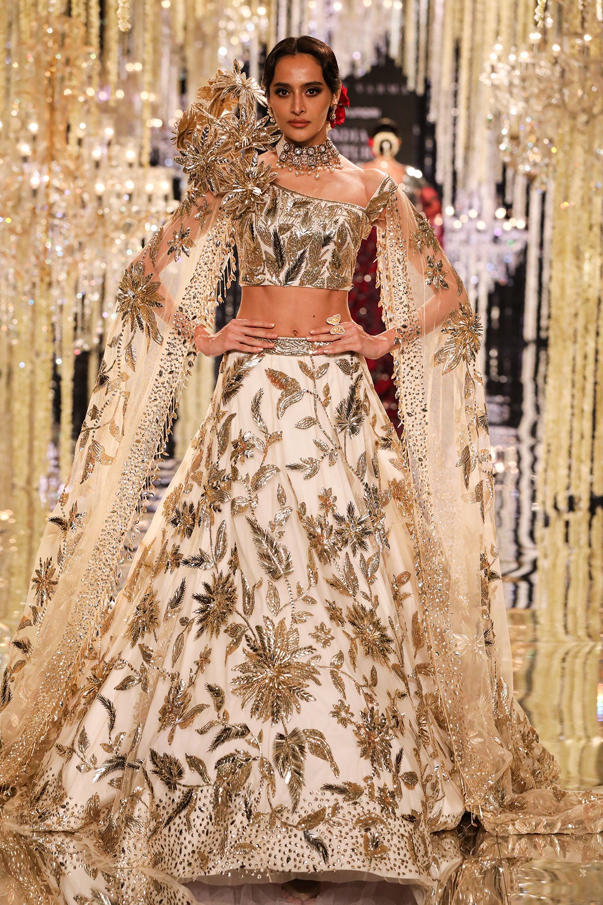 Ivory & Gold Floral Embroidered Lehenga