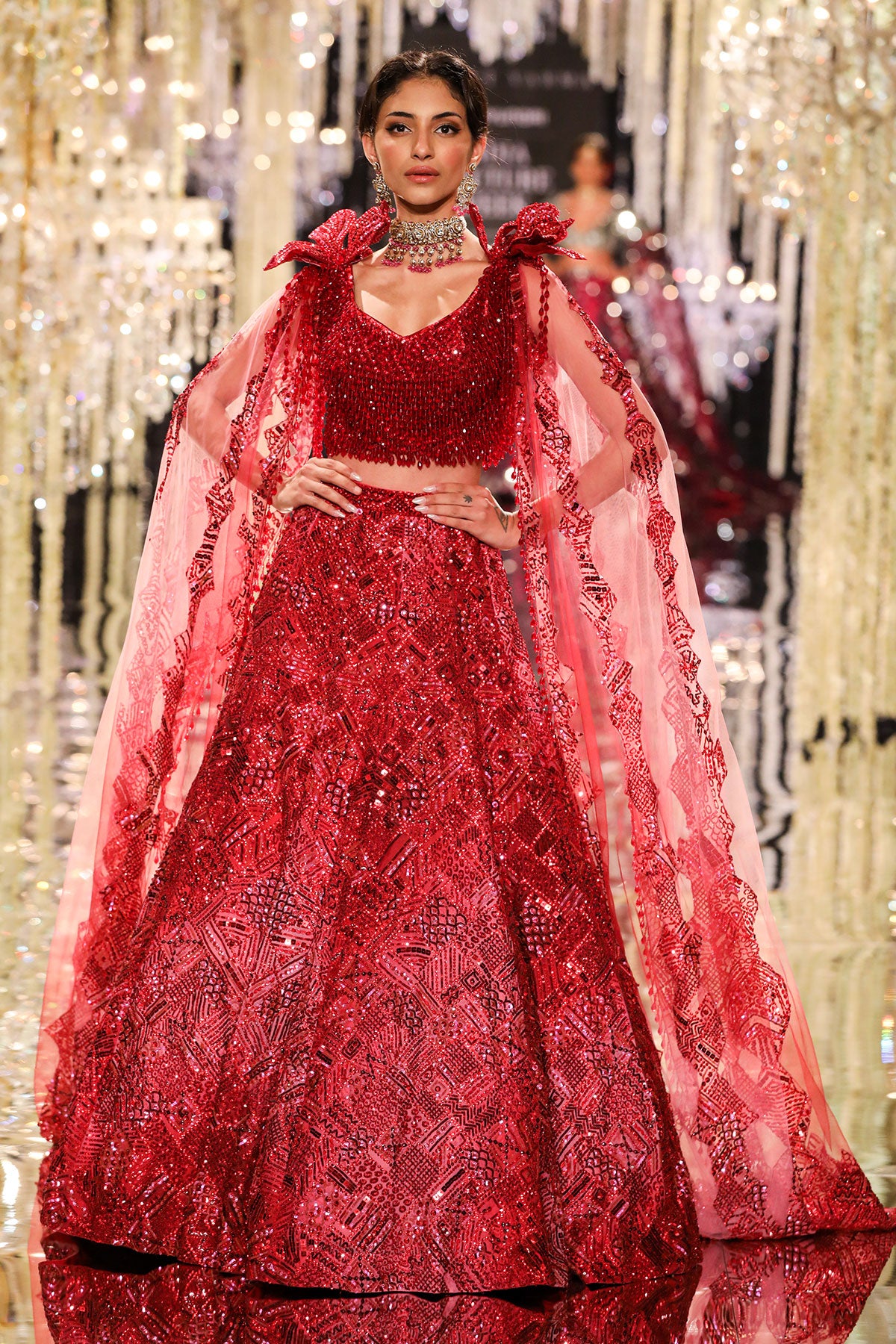 Burgundy Geometric Crystal Tulle Lehenga